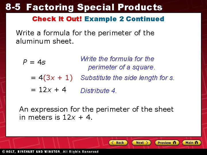 8 -5 Factoring Special Products Check It Out! Example 2 Continued Write a formula 8 -5 Factoring Special Products Check It Out! Example 2 Continued Write a formula