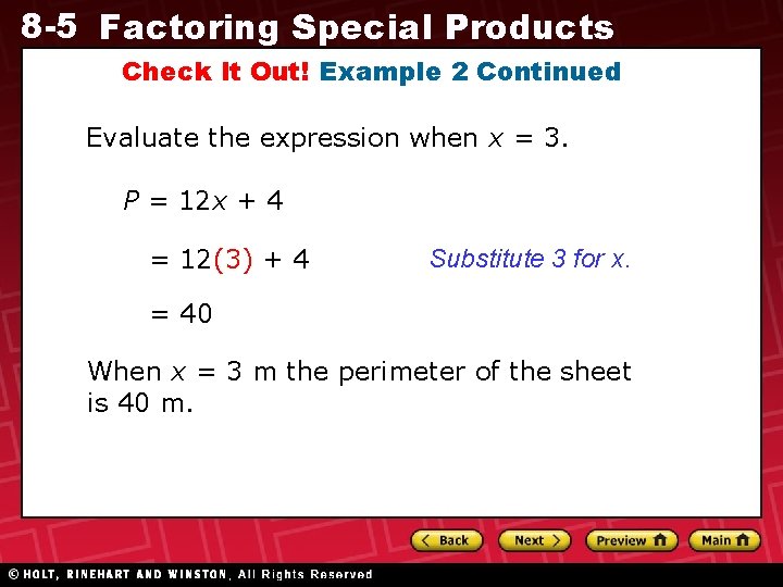 8 -5 Factoring Special Products Check It Out! Example 2 Continued Evaluate the expression 8 -5 Factoring Special Products Check It Out! Example 2 Continued Evaluate the expression