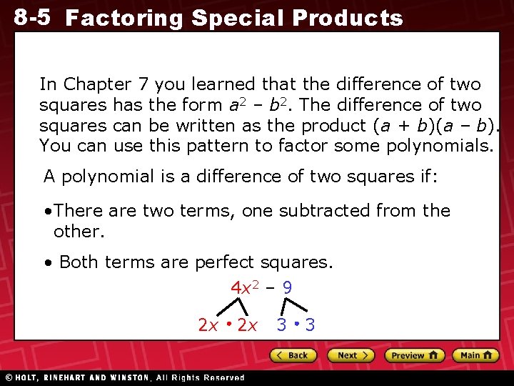 8 -5 Factoring Special Products In Chapter 7 you learned that the difference of 8 -5 Factoring Special Products In Chapter 7 you learned that the difference of