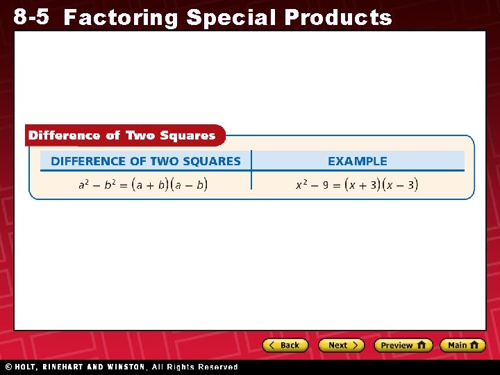 8 -5 Factoring Special Products 8 -5 Factoring Special Products