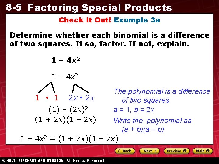 8 -5 Factoring Special Products Check It Out! Example 3 a Determine whether each 8 -5 Factoring Special Products Check It Out! Example 3 a Determine whether each