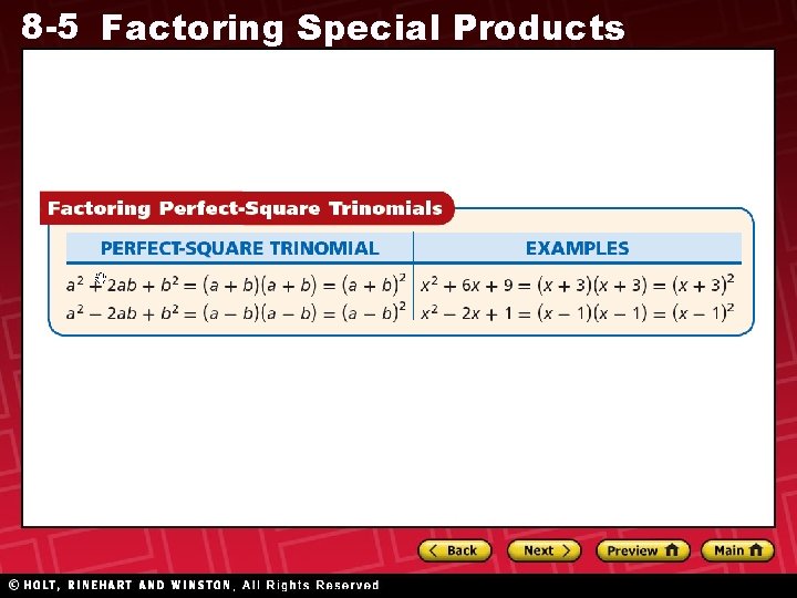 8 -5 Factoring Special Products 8 -5 Factoring Special Products