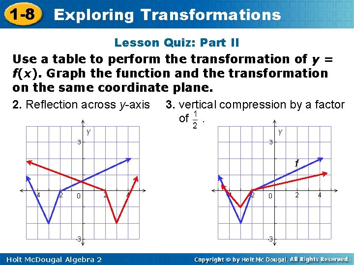1 -8 Exploring Transformations Lesson Quiz: Part II Use a table to perform the