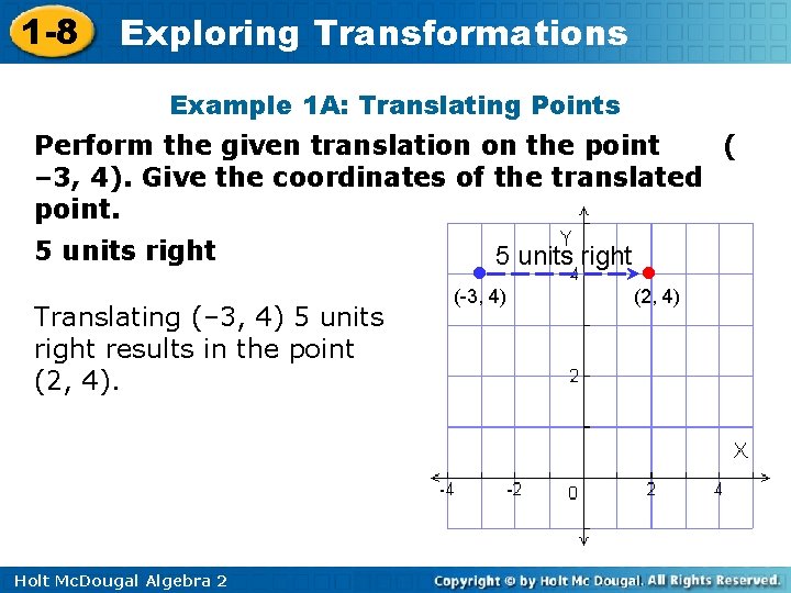 1 -8 Exploring Transformations Example 1 A: Translating Points Perform the given translation on