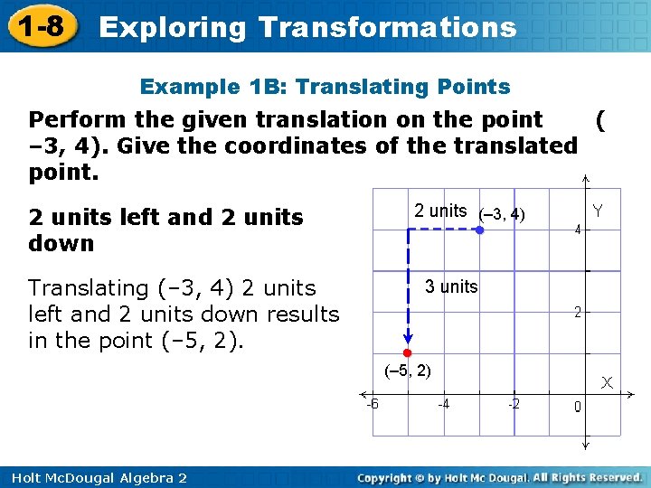 1 -8 Exploring Transformations Example 1 B: Translating Points Perform the given translation on