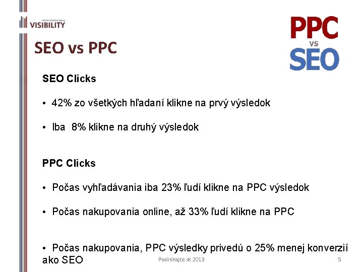 SEO vs PPC SEO Clicks • 42% zo všetkých hľadaní klikne na prvý výsledok