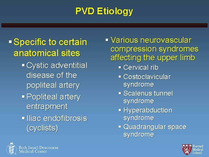 PVD Etiology § Specific to certain anatomical sites § Cystic adventitial disease of the