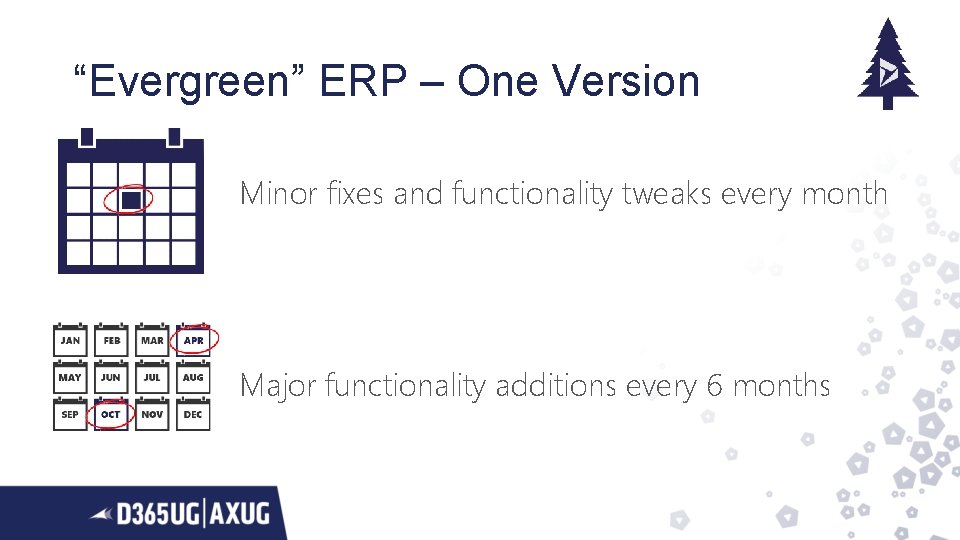 “Evergreen” ERP – One Version Minor fixes and functionality tweaks every month Major functionality