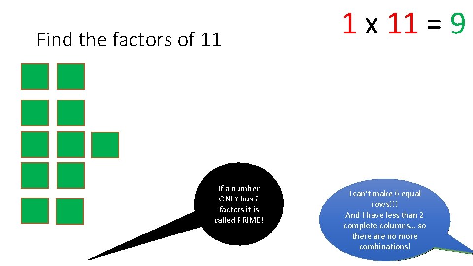 Find the factors of 11 If a number ONLY has 2 factors it is