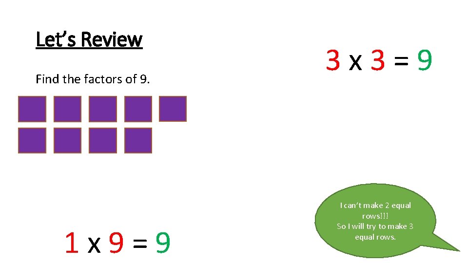 Let’s Review Find the factors of 9. 1 x 9=9 3 x 3=9 I