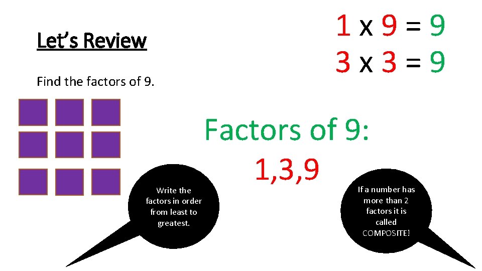 Let’s Review Find the factors of 9. Write the factors in order from least