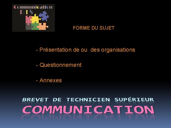 FORME DU SUJET - Présentation de ou des organisations - Questionnement - Annexes 