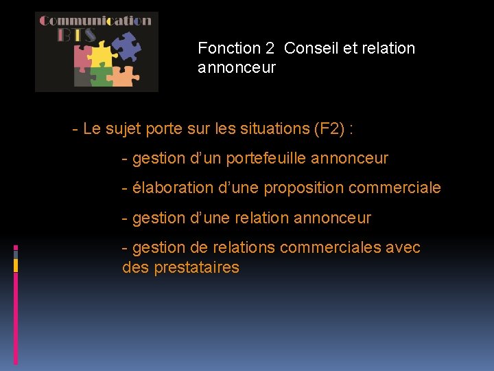 Fonction 2 Conseil et relation annonceur - Le sujet porte sur les situations (F