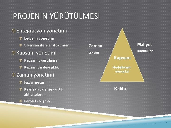 PROJENIN YÜRÜTÜLMESI Entegrasyon yönetimi Değişim yönetimi Çıkarılan dersler dokümanı Kapsam yönetimi Kapsam doğrulama Kapsamda