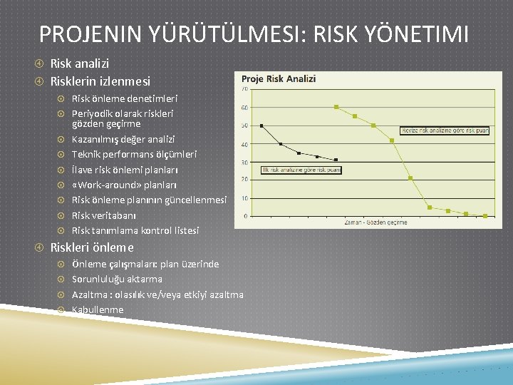 PROJENIN YÜRÜTÜLMESI: RISK YÖNETIMI Risk analizi Risklerin izlenmesi Risk önleme denetimleri Periyodik olarak riskleri