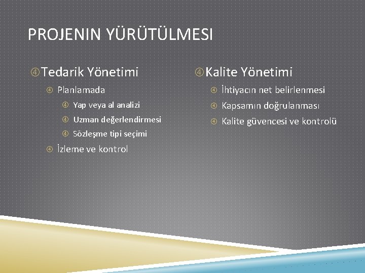 PROJENIN YÜRÜTÜLMESI Tedarik Yönetimi Planlamada Kalite Yönetimi İhtiyacın net belirlenmesi Yap veya al analizi