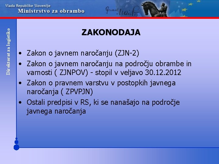 Direktorat za logistiko ZAKONODAJA • Zakon o javnem naročanju (ZJN-2) • Zakon o javnem