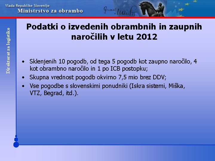 Direktorat za logistiko Podatki o izvedenih obrambnih in zaupnih naročilih v letu 2012 •