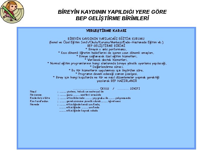 BİREYİN KAYDININ YAPILDIĞI YERE GÖRE BEP GELİŞTİRME BİRİMLERİ YERLEŞTİRME KARARI BİREYİN KAYDININ YAPILACAĞI EĞİTİM