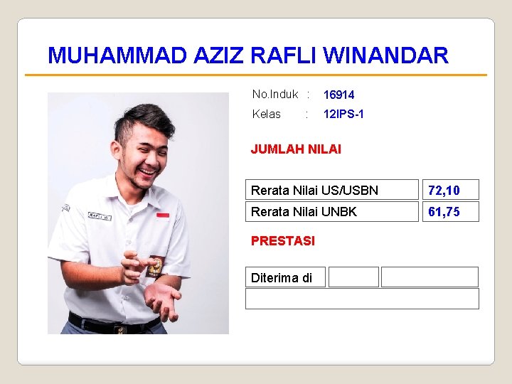 MUHAMMAD AZIZ RAFLI WINANDAR No. Induk : 16914 Kelas 12 IPS-1 : JUMLAH NILAI