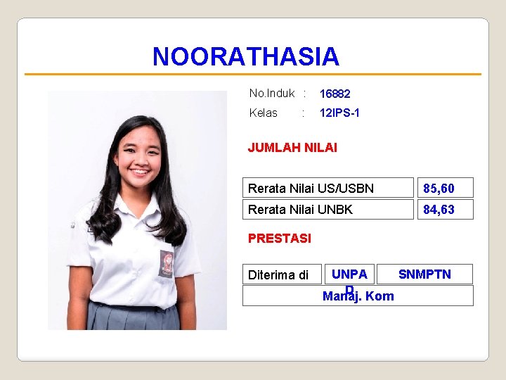 NOORATHASIA No. Induk : 16882 Kelas 12 IPS-1 : JUMLAH NILAI Rerata Nilai US/USBN