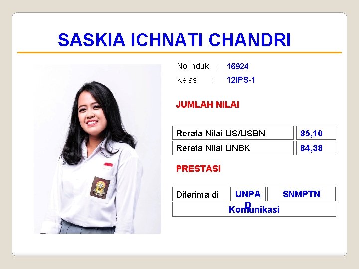 SASKIA ICHNATI CHANDRI No. Induk : 16924 Kelas 12 IPS-1 : JUMLAH NILAI Rerata