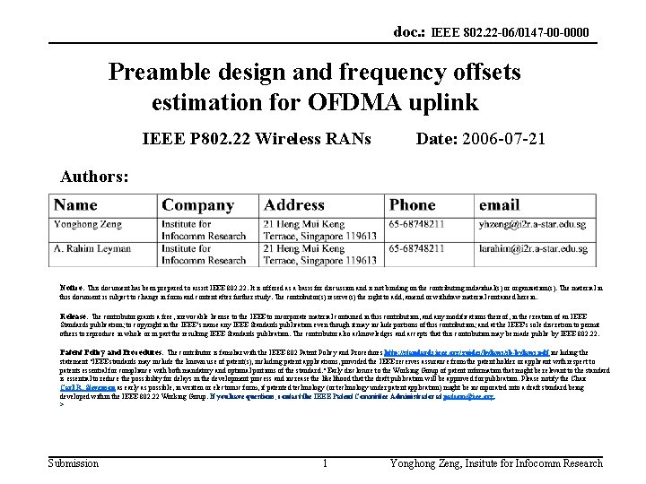 doc. : IEEE 802. 22 -06/0147 -00 -0000 Preamble design and frequency offsets estimation