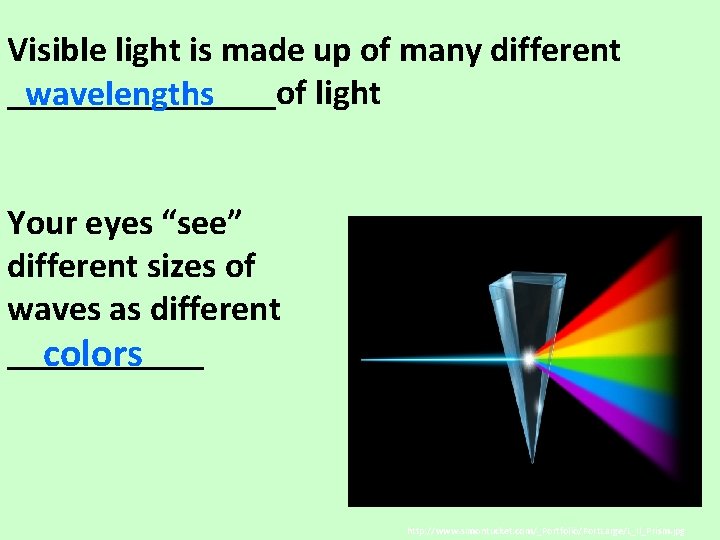 Visible light is made up of many different ________of light wavelengths Your eyes “see”