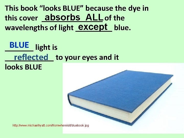 This book “looks BLUE” because the dye in this cover ________ absorbs ALL of