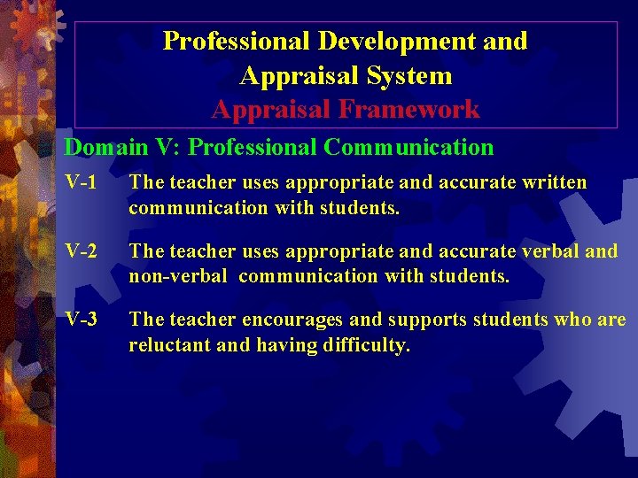Professional Development and Appraisal System Appraisal Framework Domain V: Professional Communication V-1 The teacher Professional Development and Appraisal System Appraisal Framework Domain V: Professional Communication V-1 The teacher