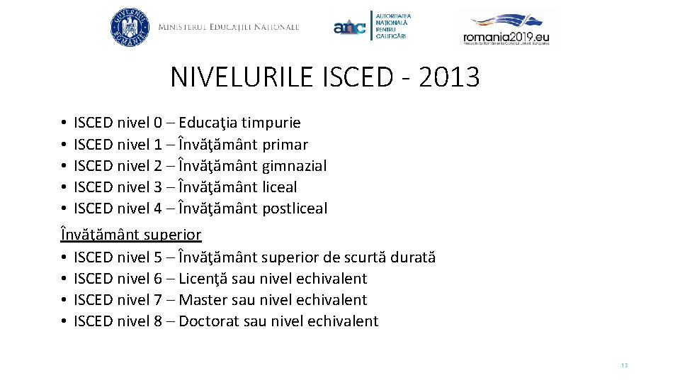 NIVELURILE ISCED - 2013 • • • ISCED nivel 0 – Educaţia timpurie ISCED