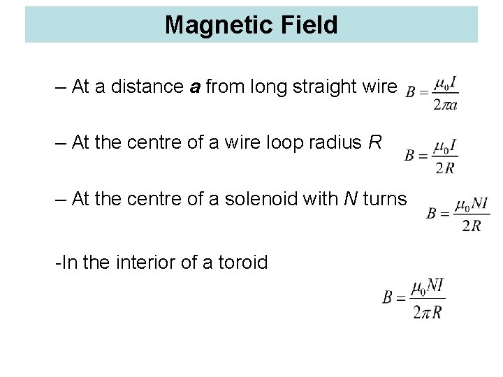 Magnetic Field – At a distance a from long straight wire – At the