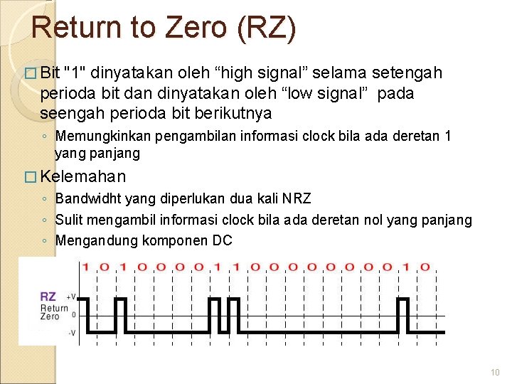 Return to Zero (RZ) � Bit "1" dinyatakan oleh “high signal” selama setengah perioda