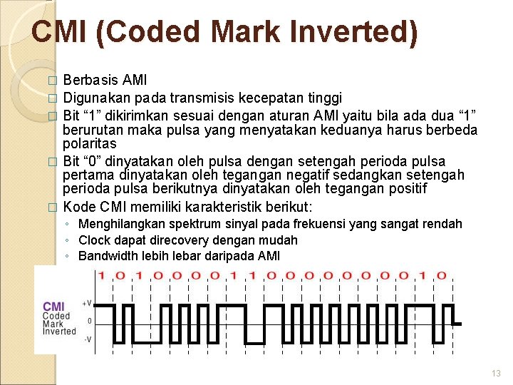 CMI (Coded Mark Inverted) Berbasis AMI � Digunakan pada transmisis kecepatan tinggi � Bit