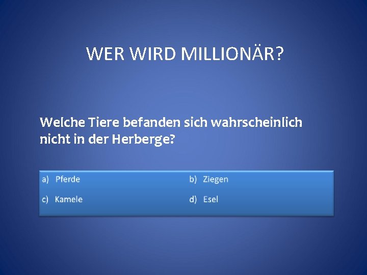 WER WIRD MILLIONÄR? Welche Tiere befanden sich wahrscheinlich nicht in der Herberge? 