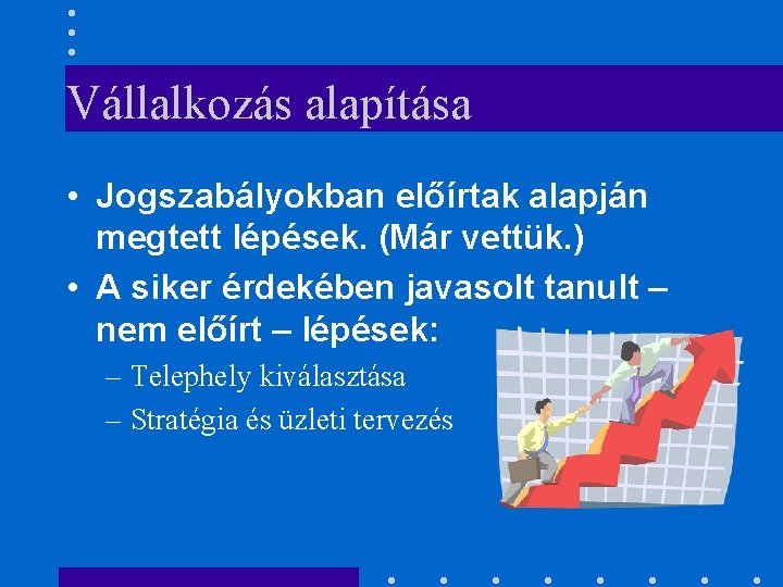 Vállalkozás alapítása • Jogszabályokban előírtak alapján megtett lépések. (Már vettük. ) • A siker