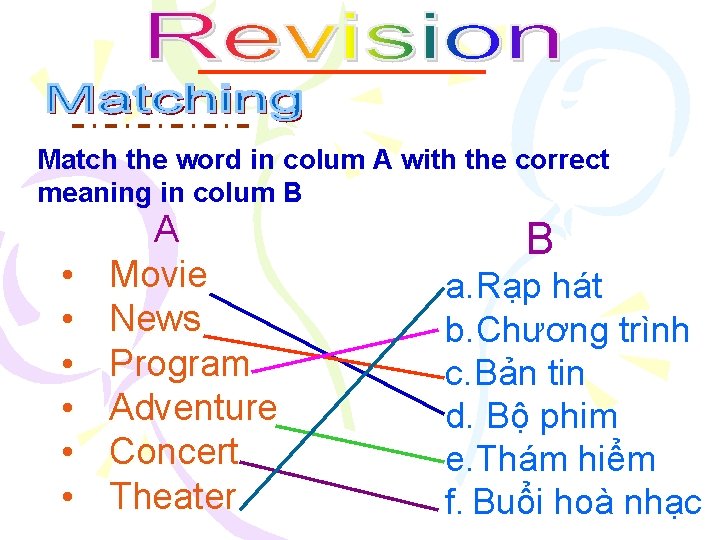 Match the word in colum A with the correct meaning in colum B •