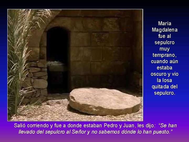 María Magdalena fue al sepulcro muy temprano, cuando aún estaba oscuro y vio la