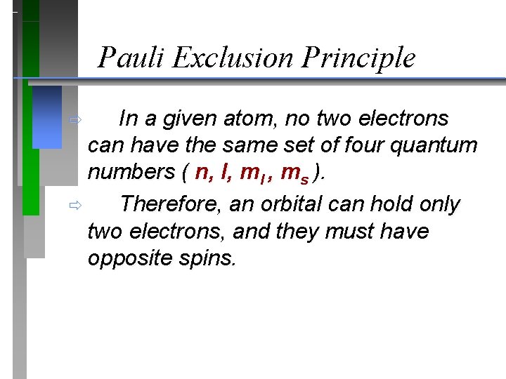 Pauli Exclusion Principle In a given atom, no two electrons can have the same Pauli Exclusion Principle In a given atom, no two electrons can have the same