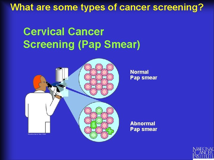 What are some types of cancer screening? Cervical Cancer Screening (Pap Smear) Normal Pap