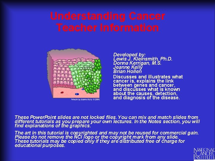 Understanding Cancer Teacher Information Developed by: Lewis J. Kleinsmith, Ph. D. Donna Kerrigan, M.