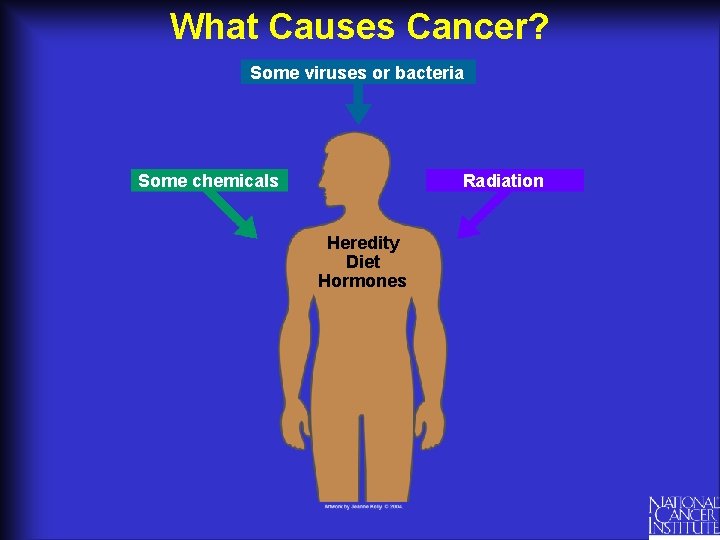 What Causes Cancer? Some viruses or bacteria Some chemicals Radiation Heredity Diet Hormones 