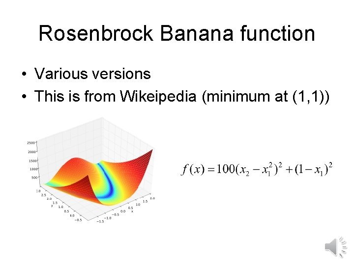 Rosenbrock Banana function • Various versions • This is from Wikeipedia (minimum at (1,