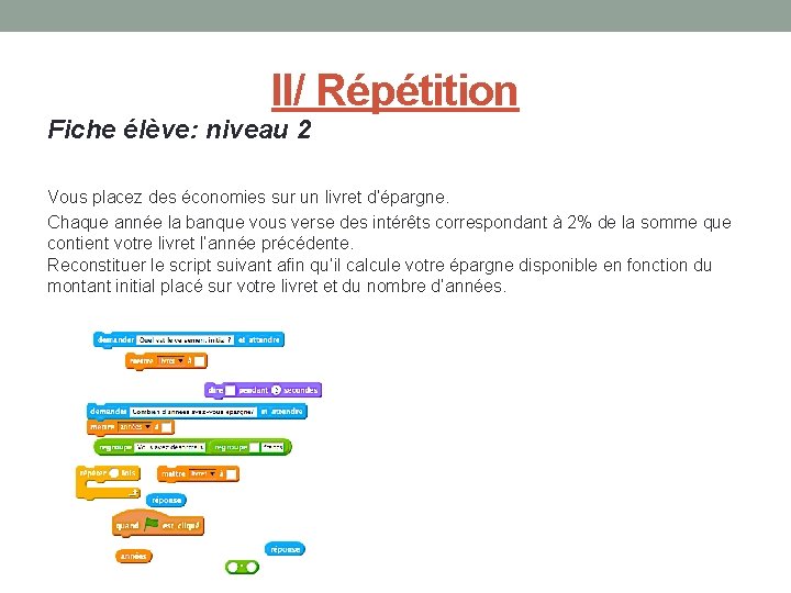 II/ Répétition Fiche élève: niveau 2 Vous placez des économies sur un livret d’épargne.