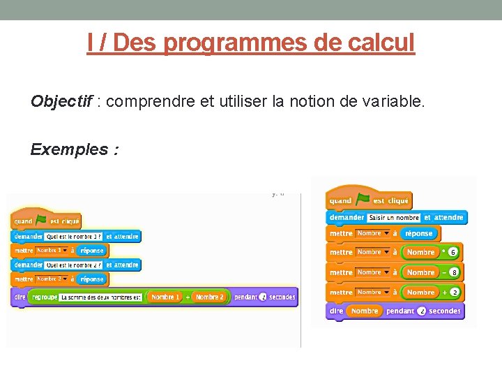 I / Des programmes de calcul Objectif : comprendre et utiliser la notion de