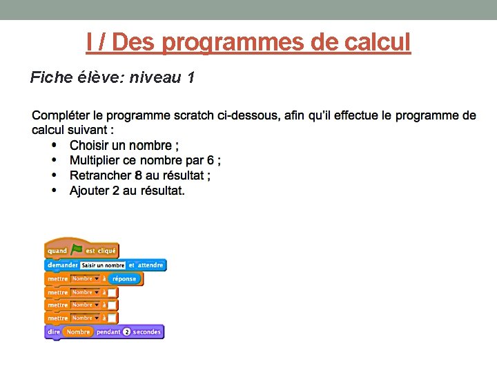 I / Des programmes de calcul Fiche élève: niveau 1 