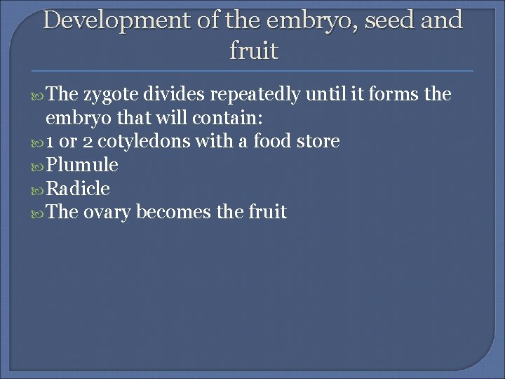 Development of the embryo, seed and fruit The zygote divides repeatedly until it forms
