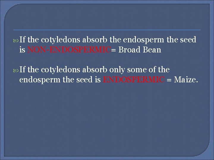  If the cotyledons absorb the endosperm the seed is NON-ENDOSPERMIC= Broad Bean If