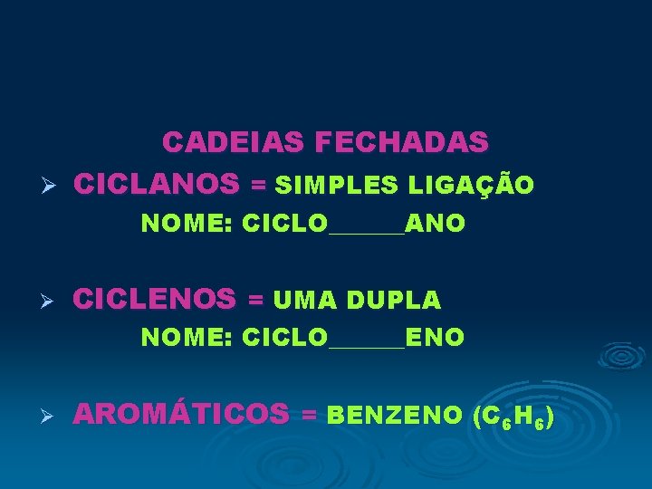 CADEIAS FECHADAS Ø CICLANOS = SIMPLES LIGAÇÃO NOME: CICLO______ANO Ø CICLENOS = UMA DUPLA