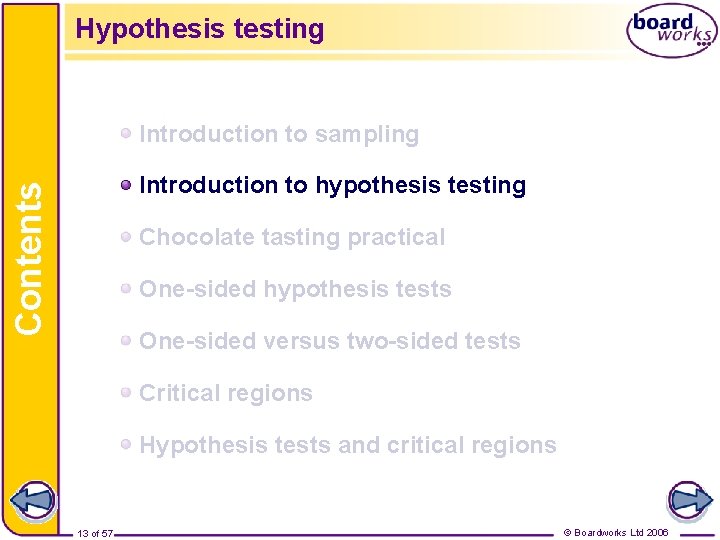 Hypothesis testing Introduction to sampling Contents Introduction to hypothesis testing Chocolate tasting practical One-sided